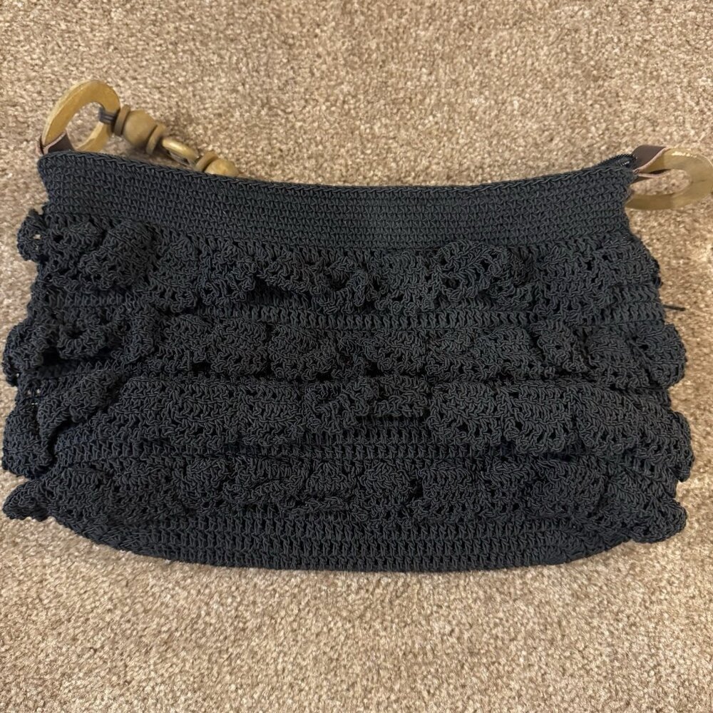 Cappelli Black Crochet Shoulder Bag With Wooden Beaded Handle Lined Interior & Z - Picture 3 of 10